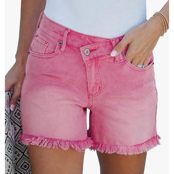 luvamia Crossover Waist Denim Shorts Size S Pink (Snow Wash) New With Tag - Picture 1 of 8